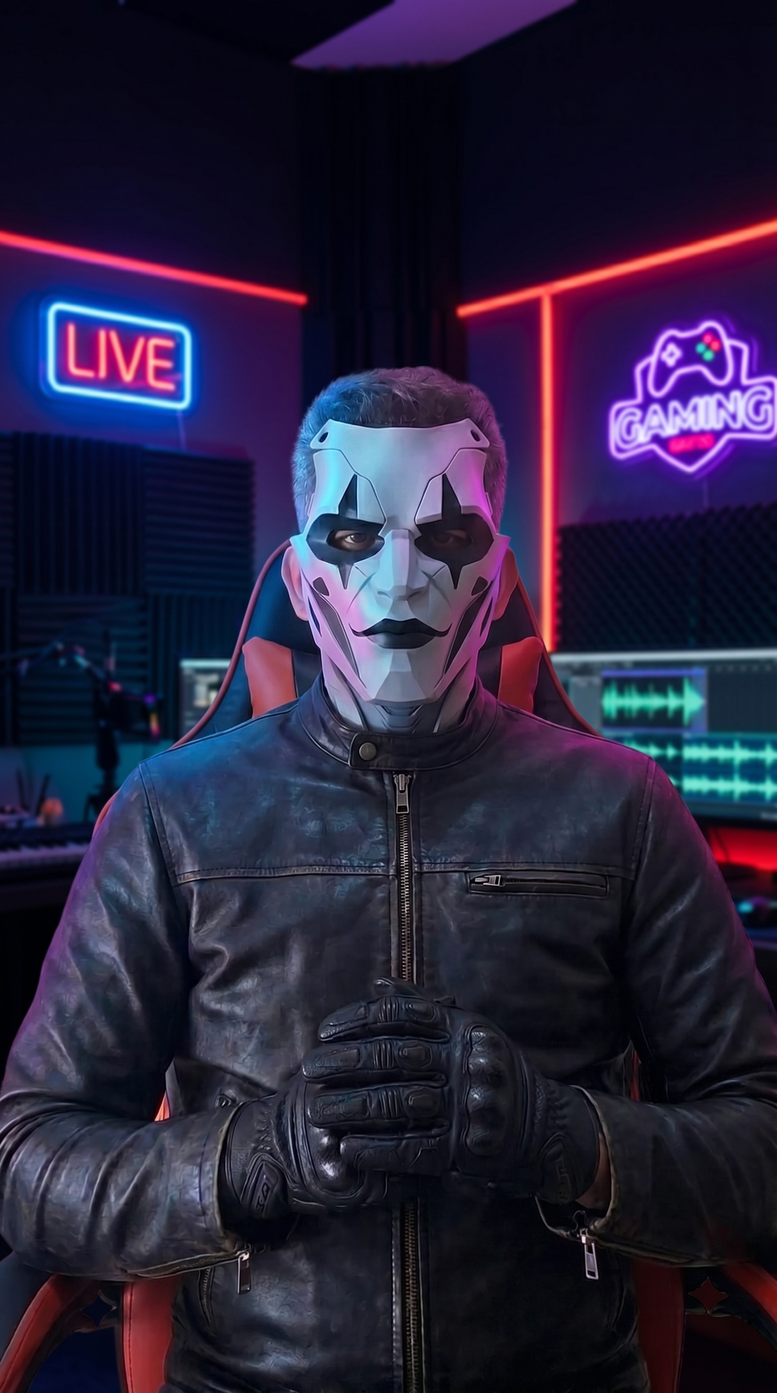 Figura mascarada em ambiente neon